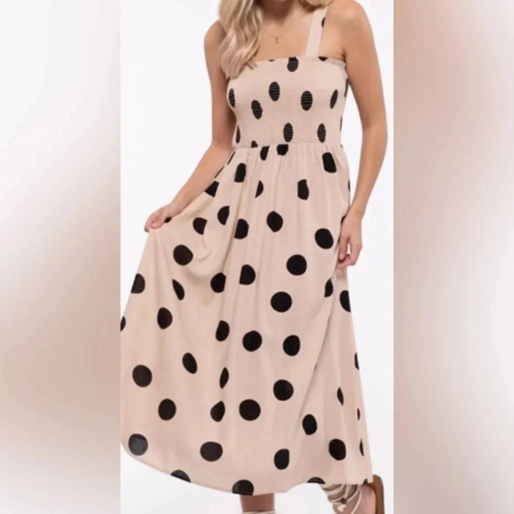 Blu Pepper Tan & Black Polka Dot Midi Dress Linen Blend Nordstroms Size Small S - Picture 1 of 6